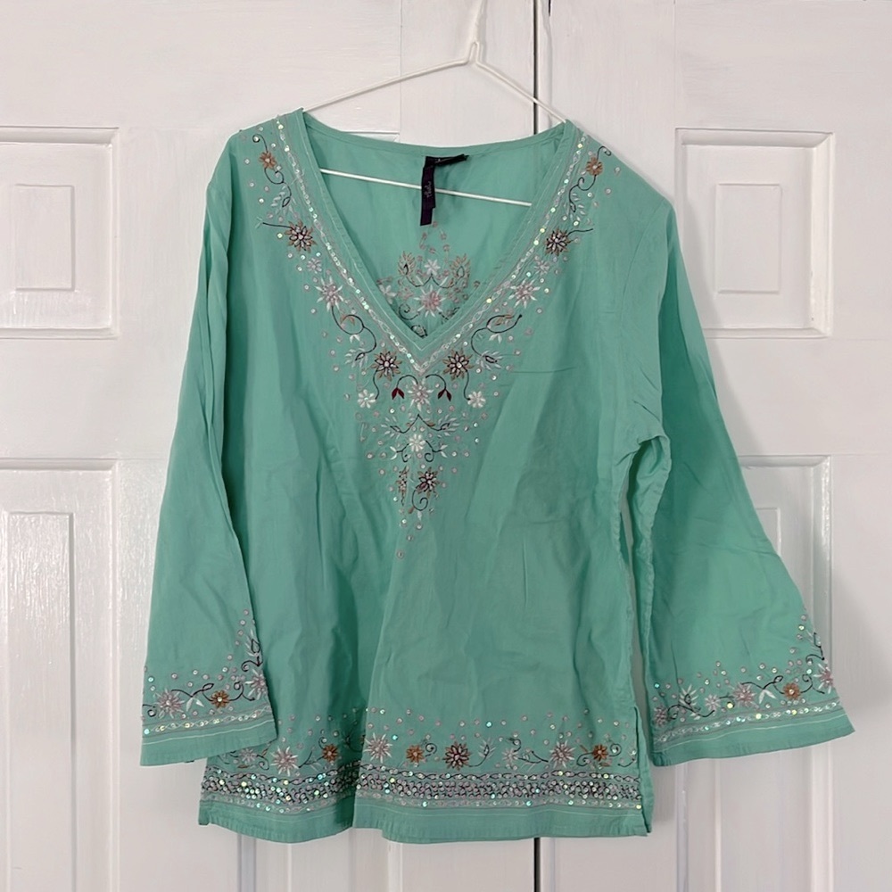 Teal beaded and sequined peasant top